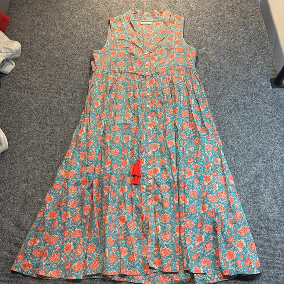 NATURAL LIFE Dresses & Skirts - Natural Life Floral Cotton Maxi Dress Blue Orange Button Front Boho Tassel M